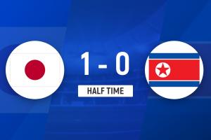 中场战报：U23日本以1比0领先朝鲜U23，布莱恩·世雄巧破僵局，崔国险些扳平比分